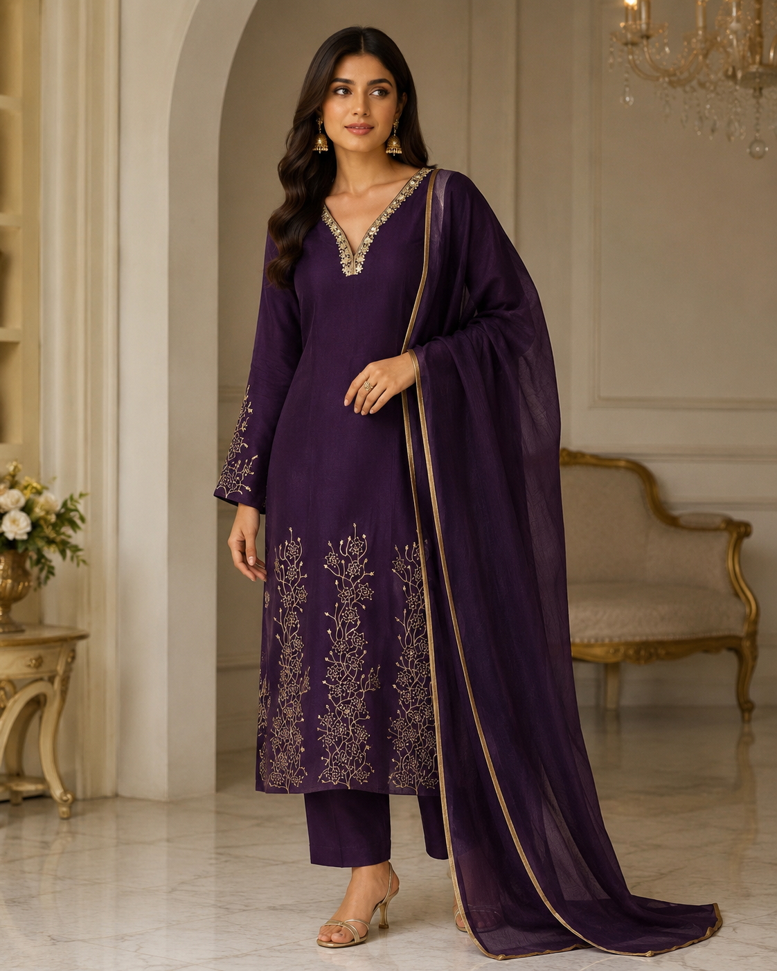 Royal Plum Gold Embroidered Kurta Set