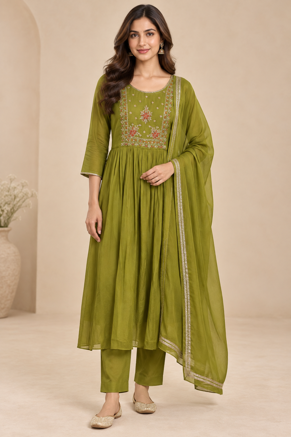 Mehendi Olive Embroidered Three-Piece Anarkali Set