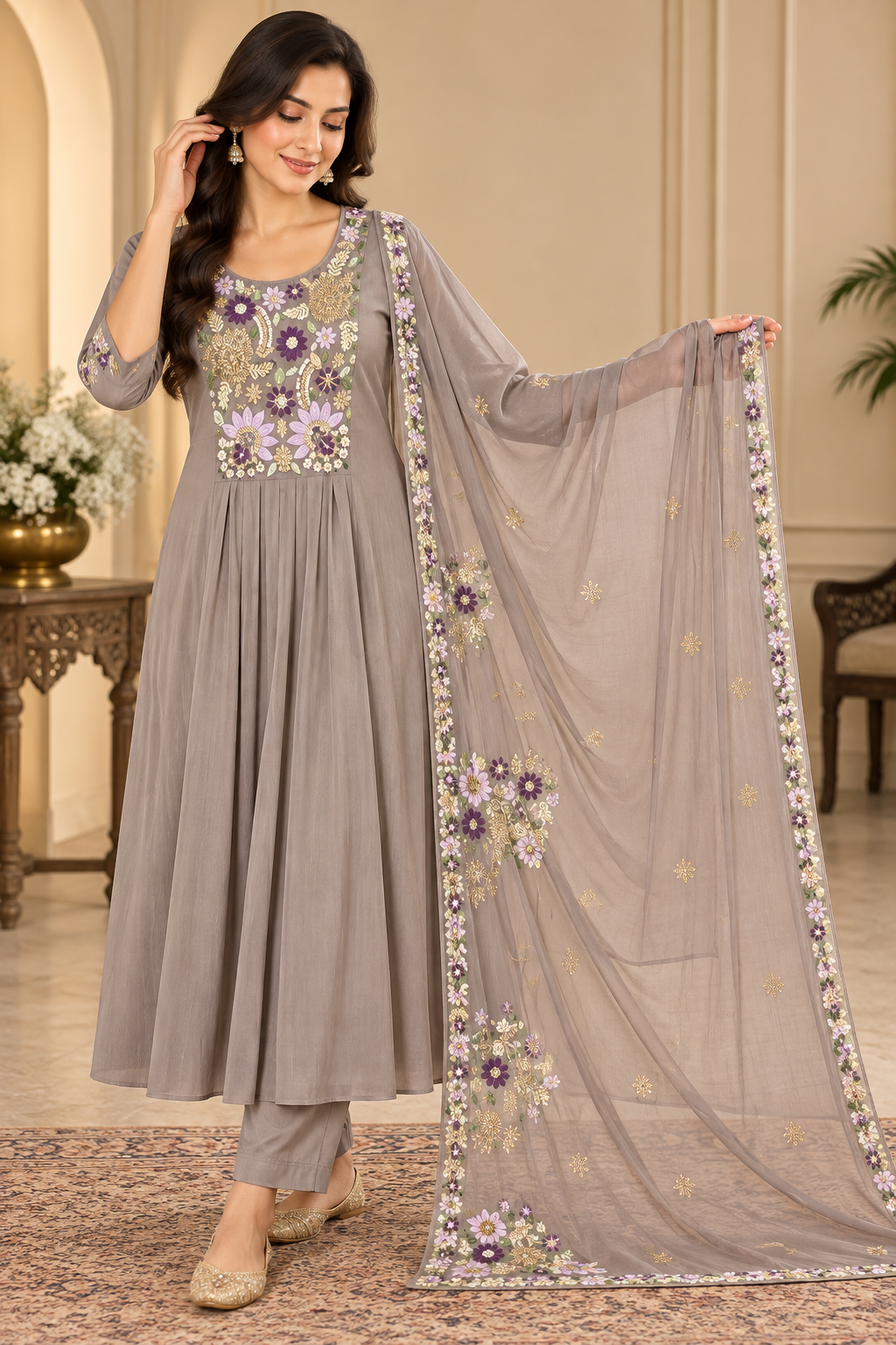 Mauve Garden Embroidered Three-Piece Anarkali Set
