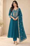Teal Heritage Embroidered Three-Piece Anarkali Set