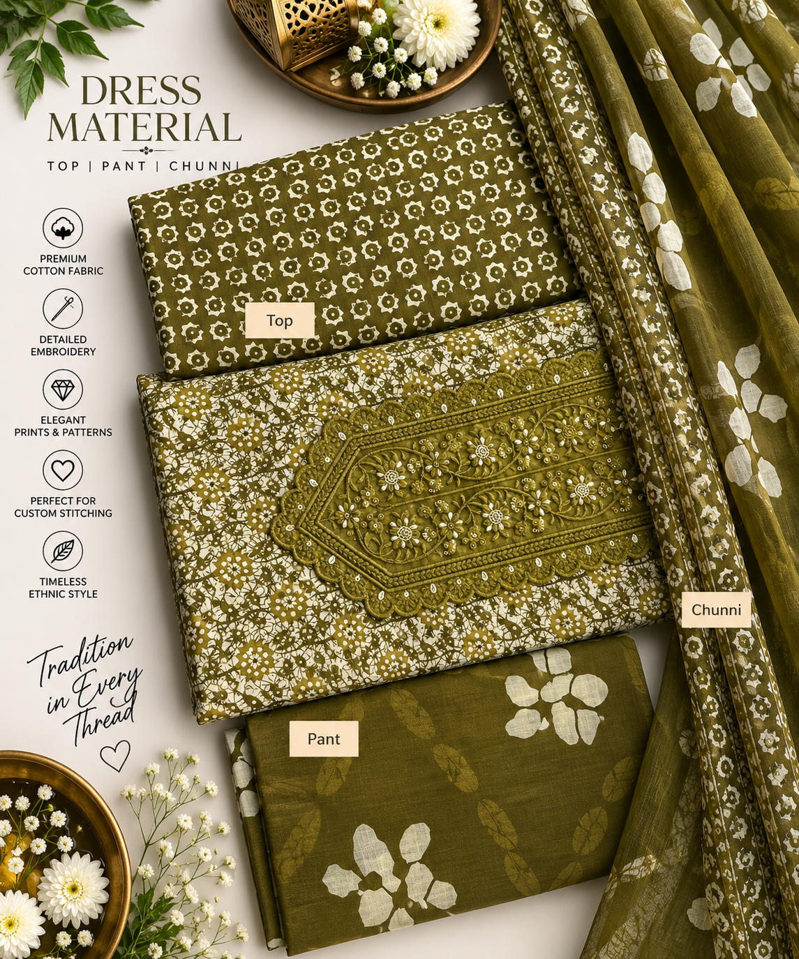 Olive Heritage Embroidered Cotton Dress Material Set