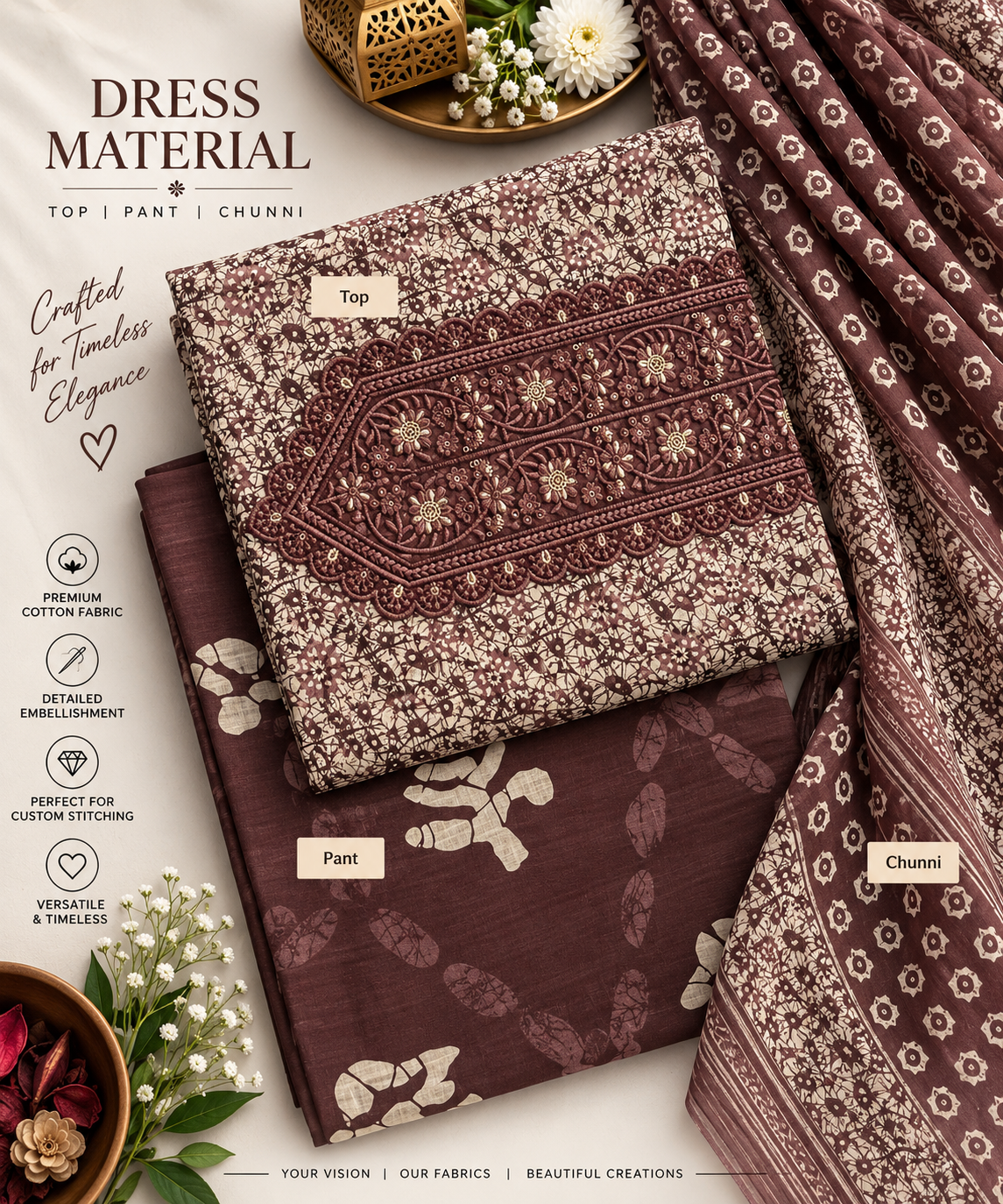 Heritage Maroon Embroidered Cotton Dress Material Set