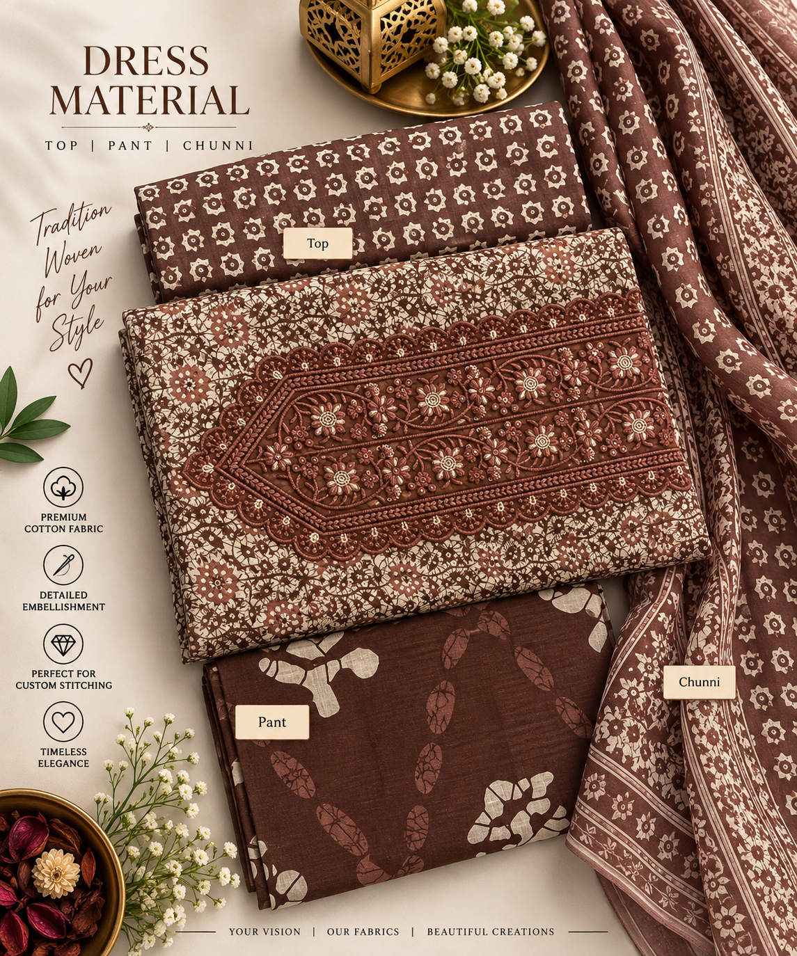 Mocha Heritage Embroidered Cotton Dress Material Set
