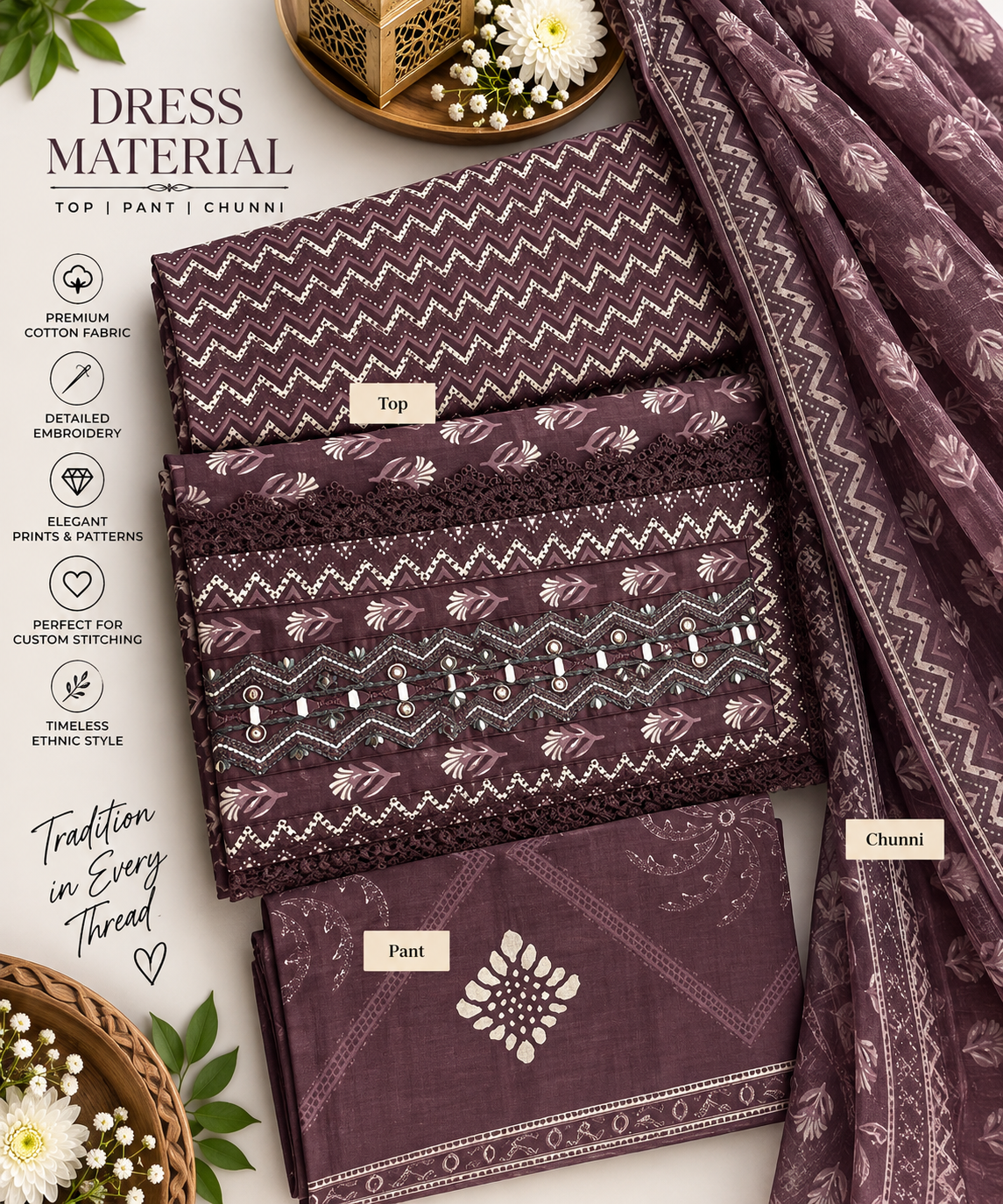 Plum Ethnic Mirror Work Cotton Dress Material Set