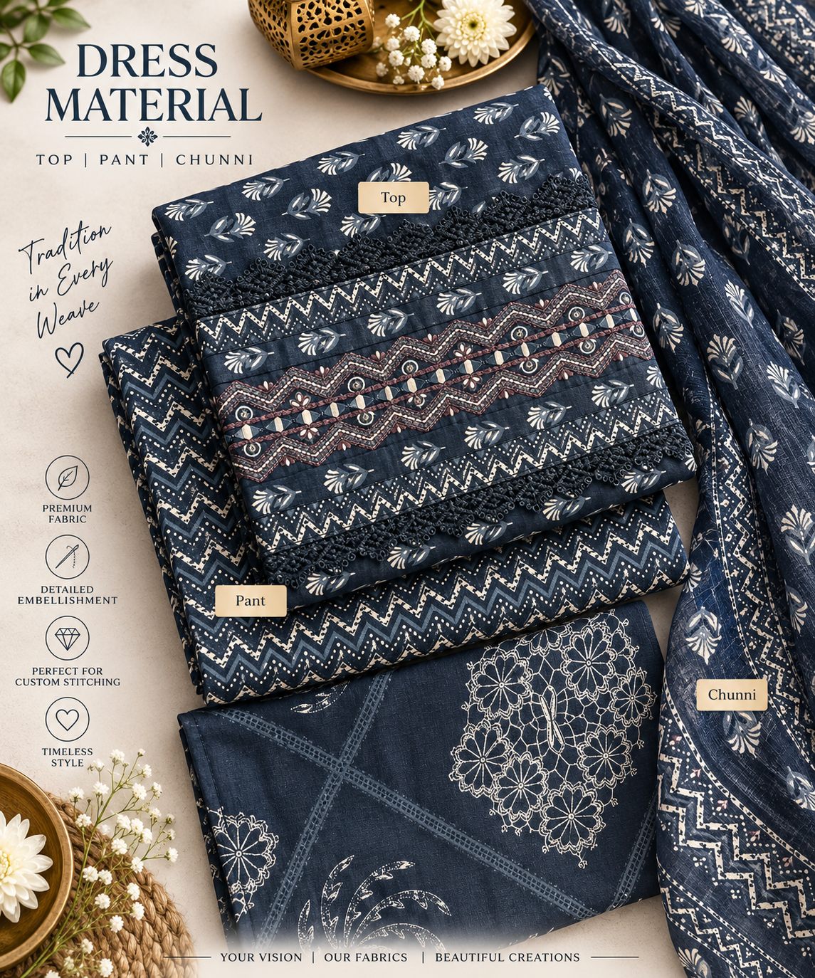 Indigo Heritage Embellished Dress Material Set
