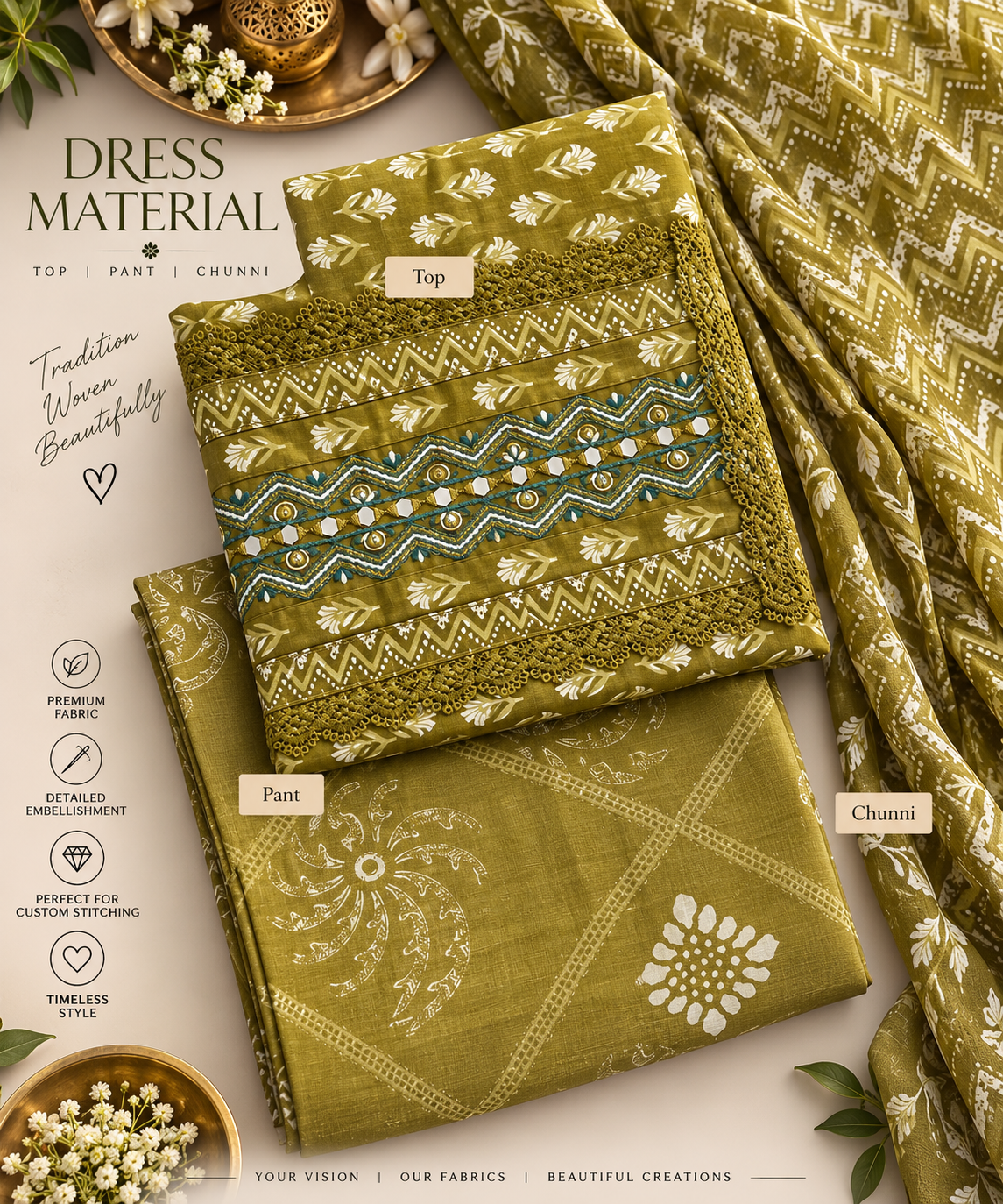 Olive Heritage Embellished Dress Material Set