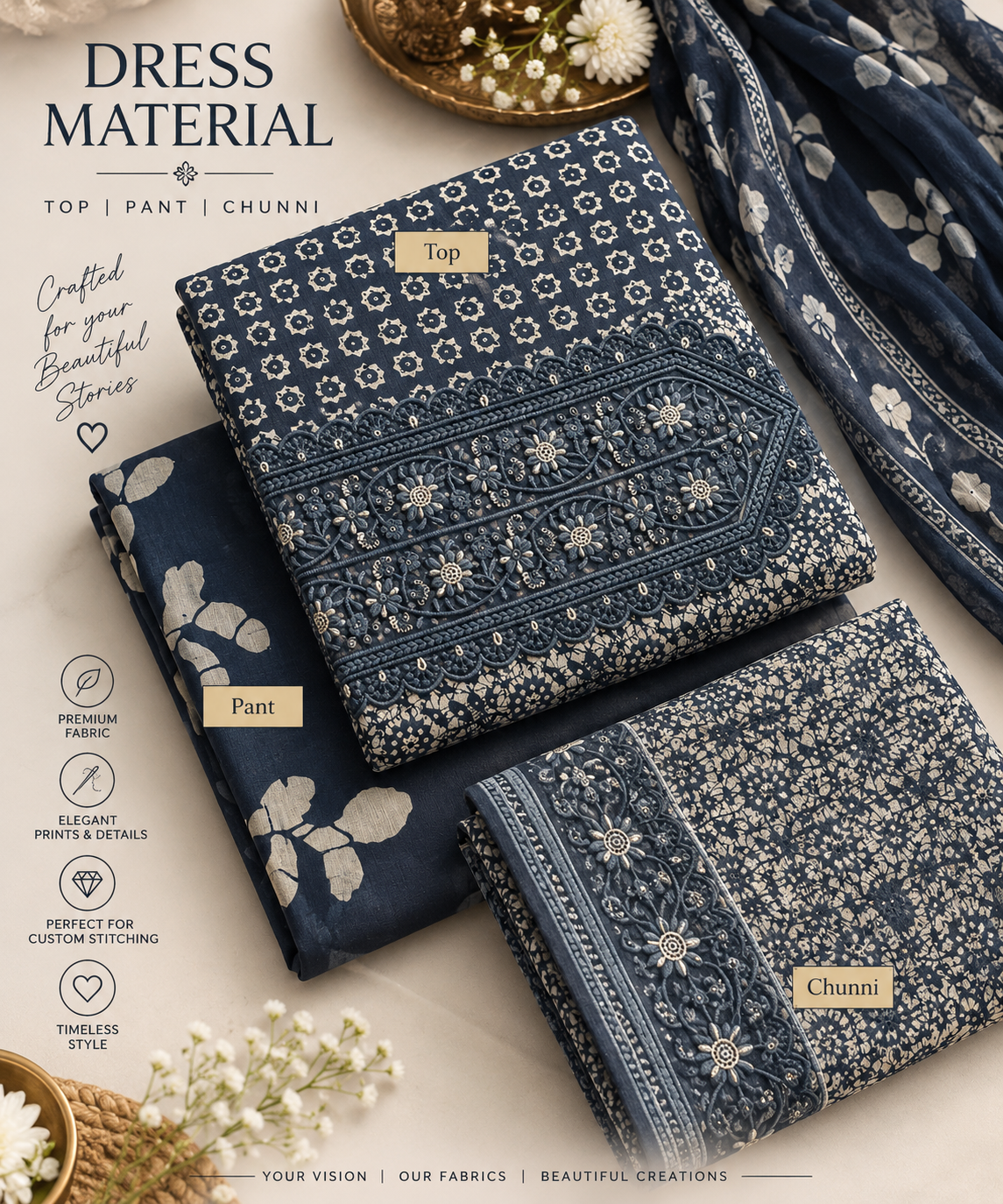 Indigo Heritage Embroidered Cotton Dress Material Set