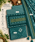 Teal Chevron Embellished Cotton Dress Material Set