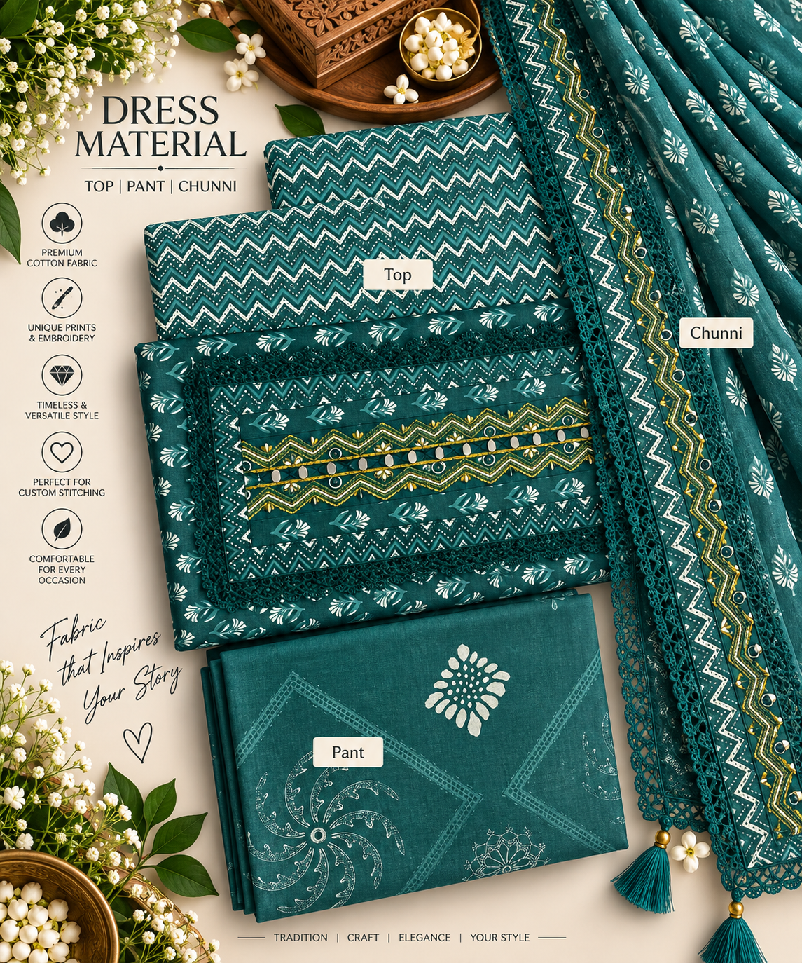 Teal Chevron Embellished Cotton Dress Material Set