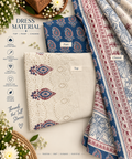 Ivory Indigo Maroon Embroidered Cotton Dress Material Set