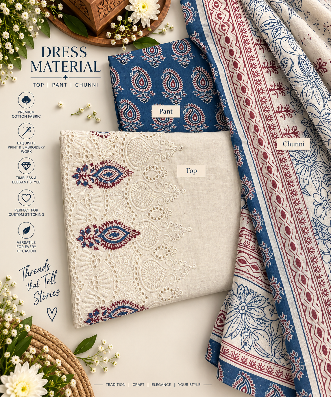 Ivory Indigo Maroon Embroidered Cotton Dress Material Set