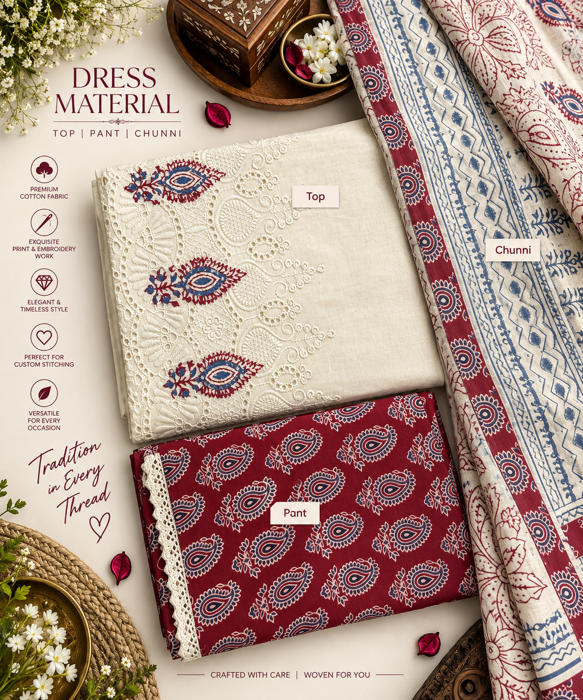 Ivory Ruby Paisley Embroidered Cotton Dress Material Set