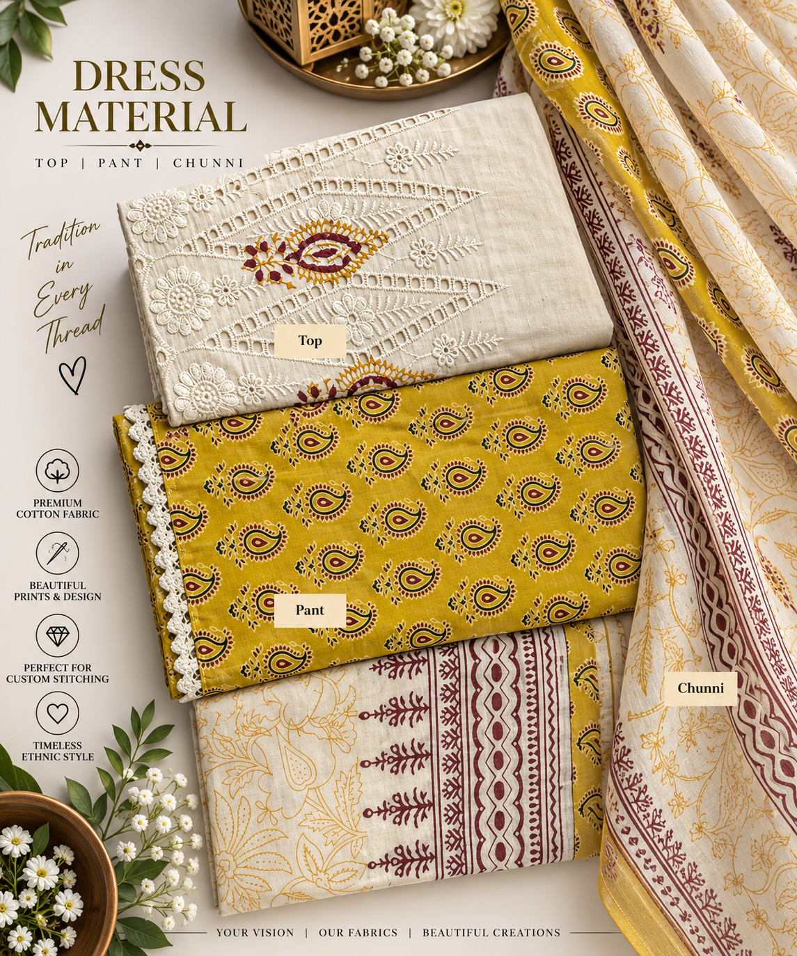 Mustard Ivory Paisley Cotton Dress Material Set