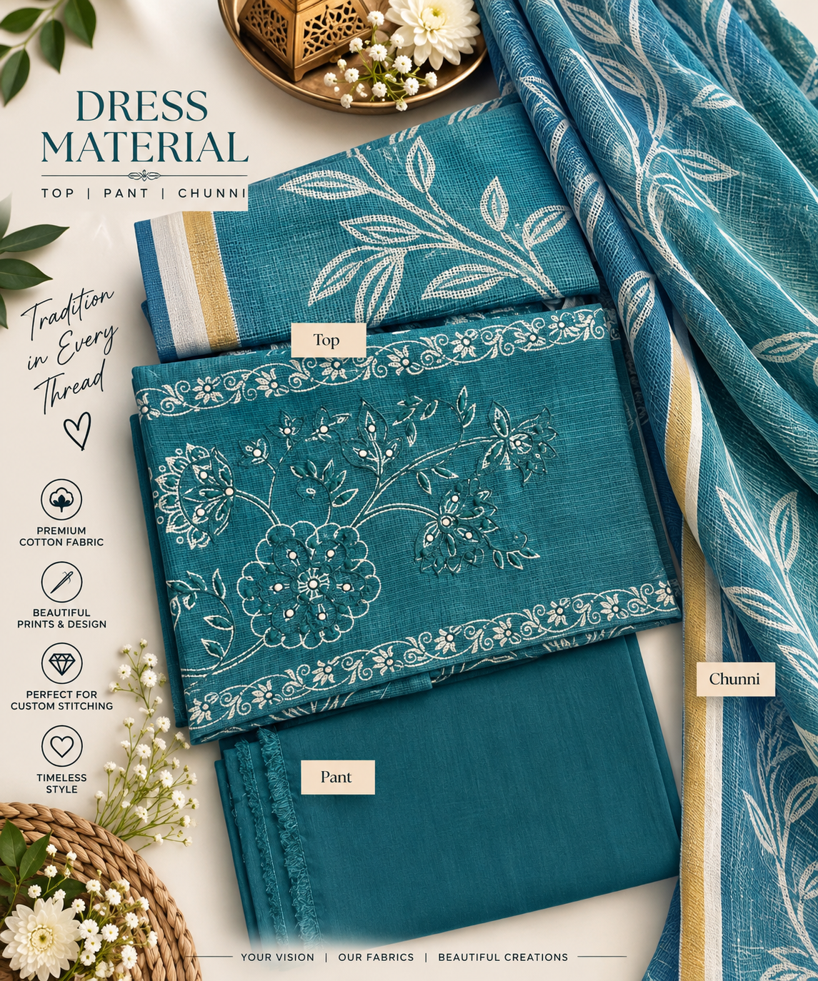Teal Blossom Embroidered Cotton Dress Material Set