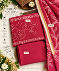Ruby Red Floral Embroidered Cotton Dress Material Set