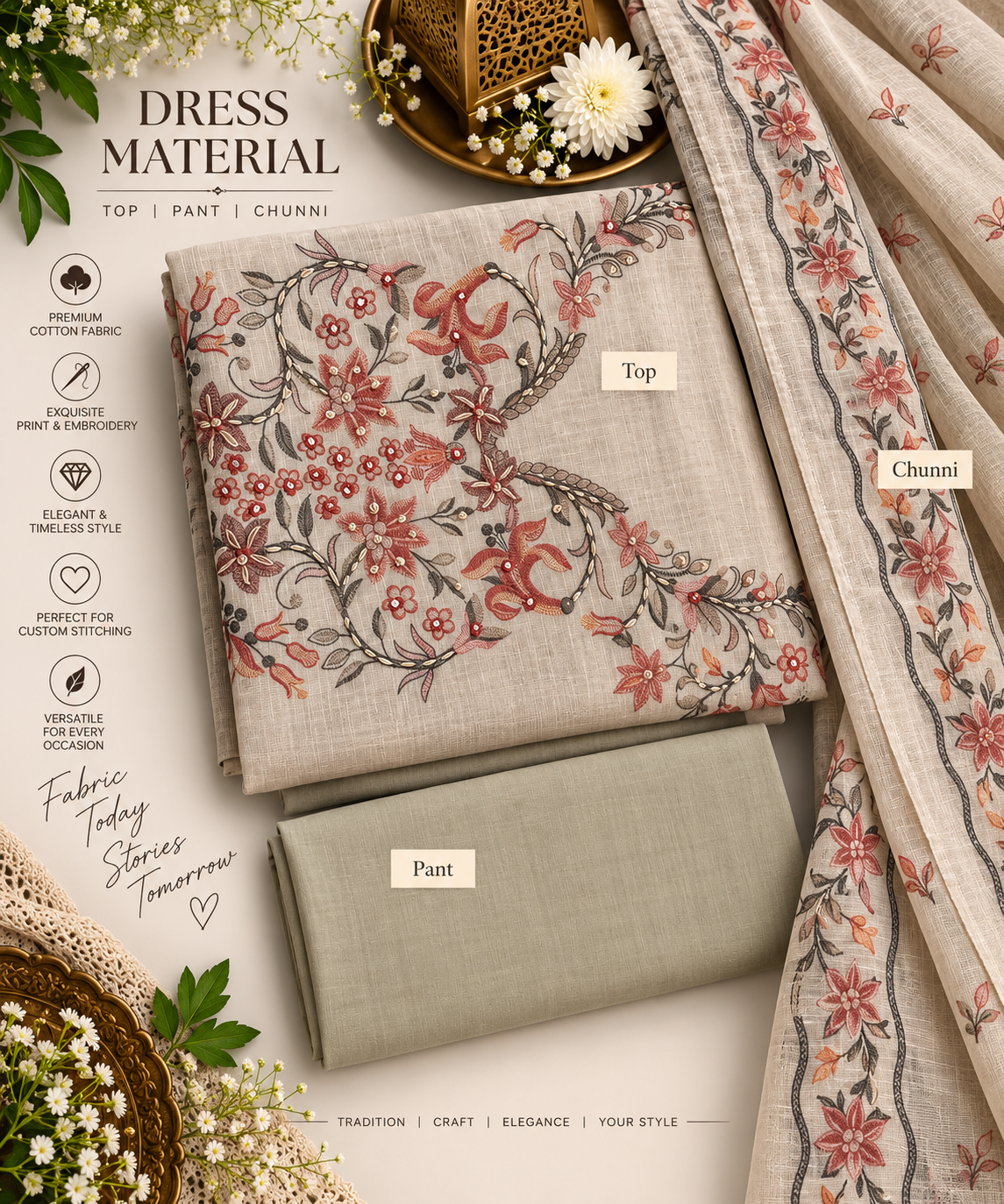 Beige Floral Embroidered 3-Piece Dress Material