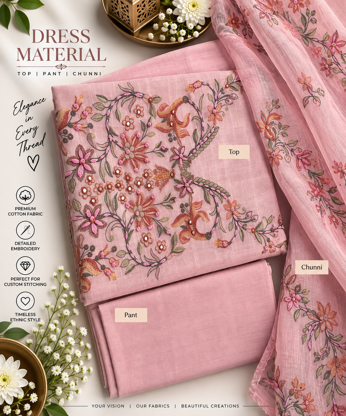 Pink Floral Embroidered 3-Piece Dress Material