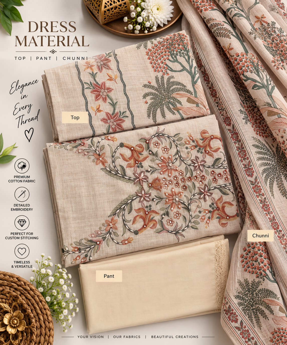 Beige Botanical Floral 3-Piece Dress Material