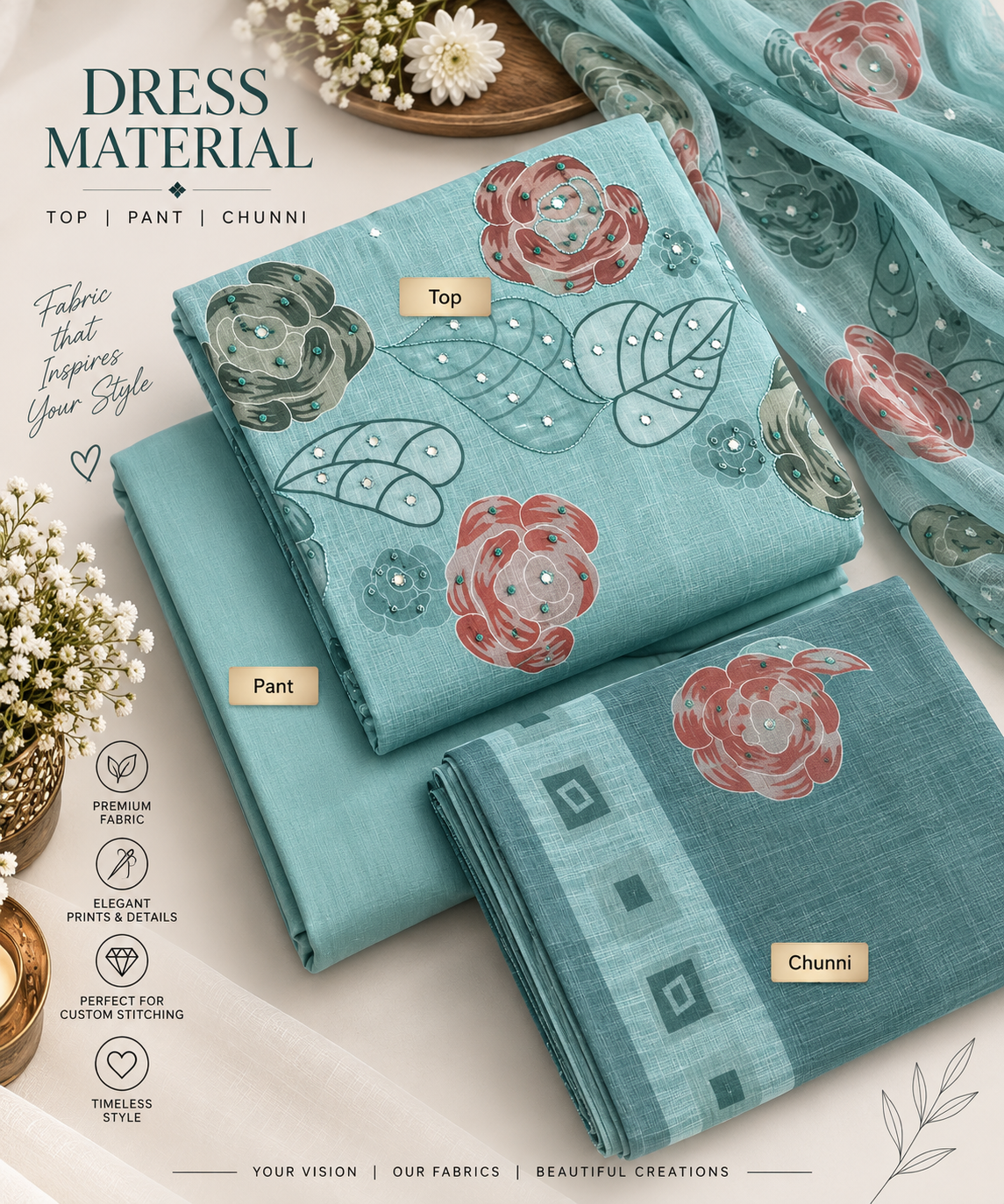 Aqua Blue Floral 3-Piece Dress Material