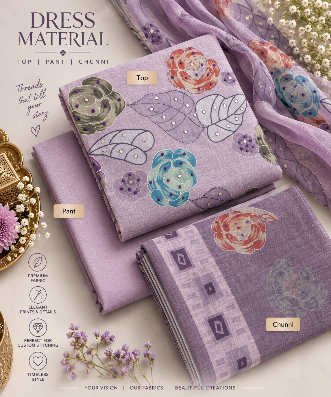 Lavender Floral 3-Piece Dress Material