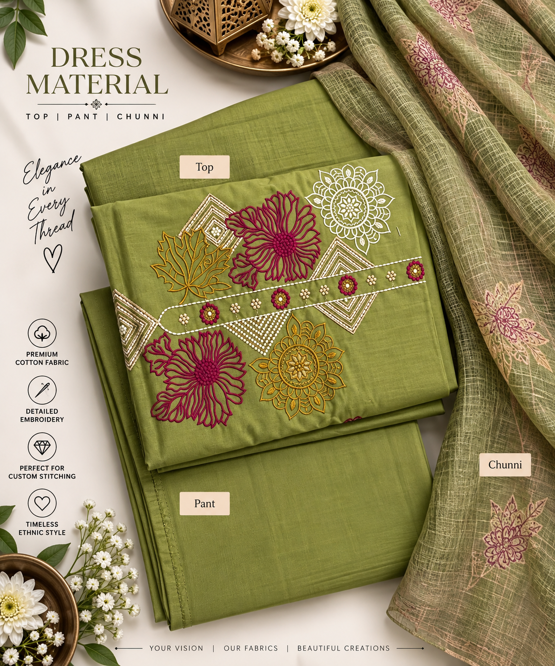 Olive Green Floral Embroidered 3-Piece Dress Material