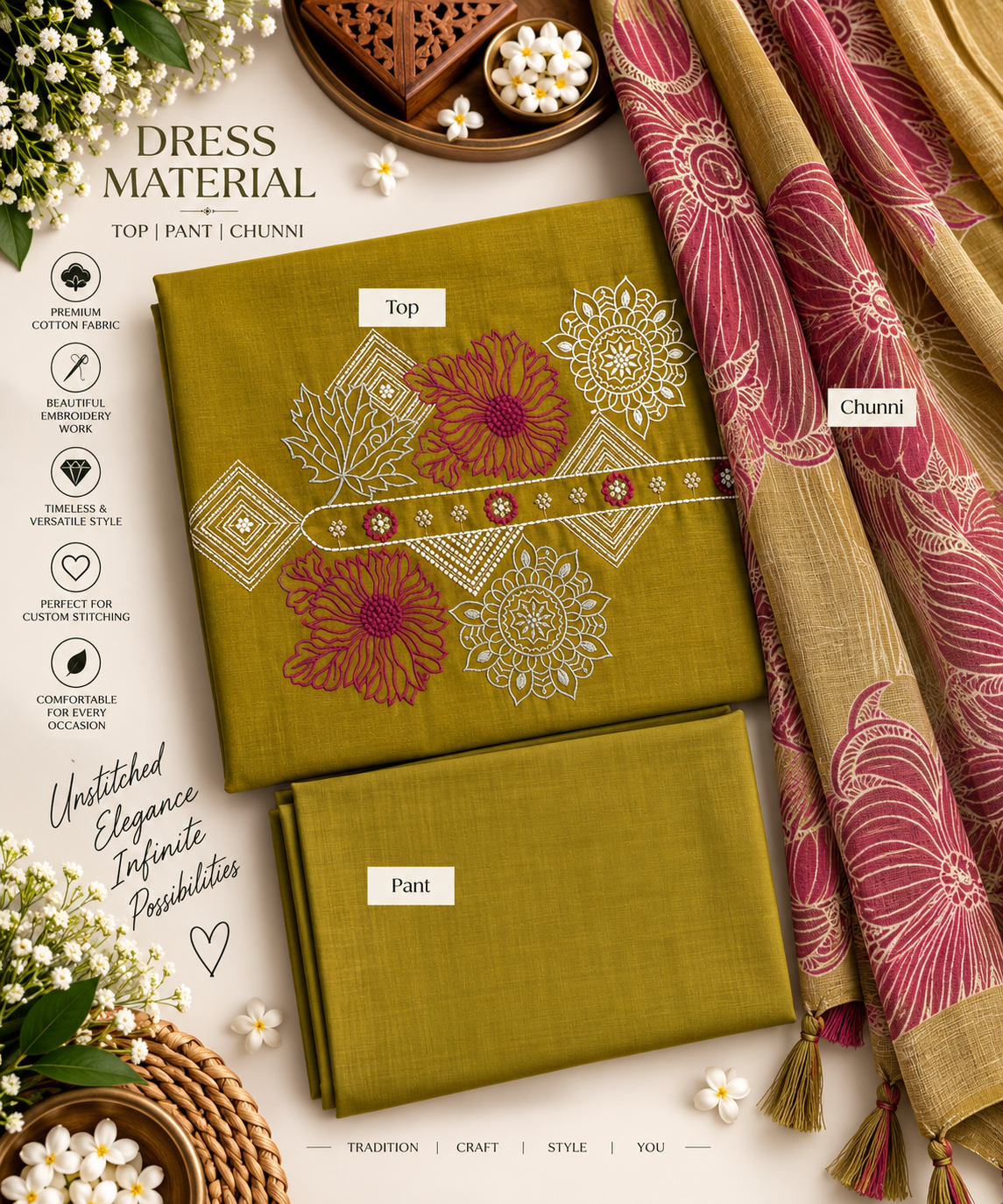 Mustard Floral Embroidered 3-Piece Dress Material