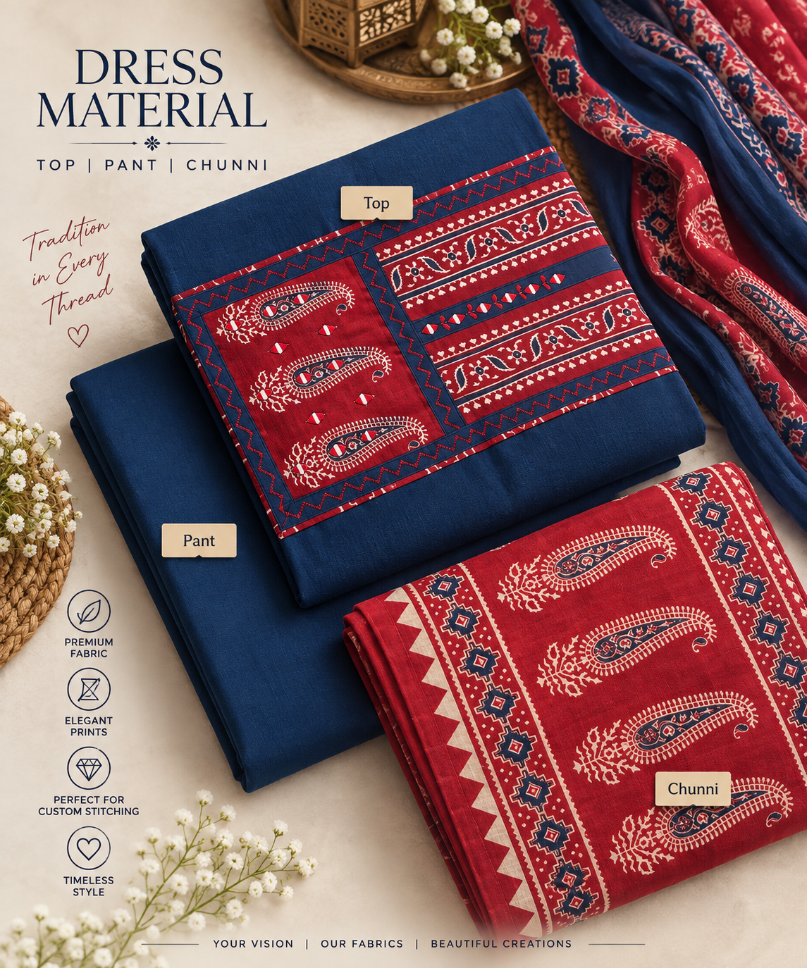 Navy Blue Red Ajrakh Inspired 3-Piece Dress Material