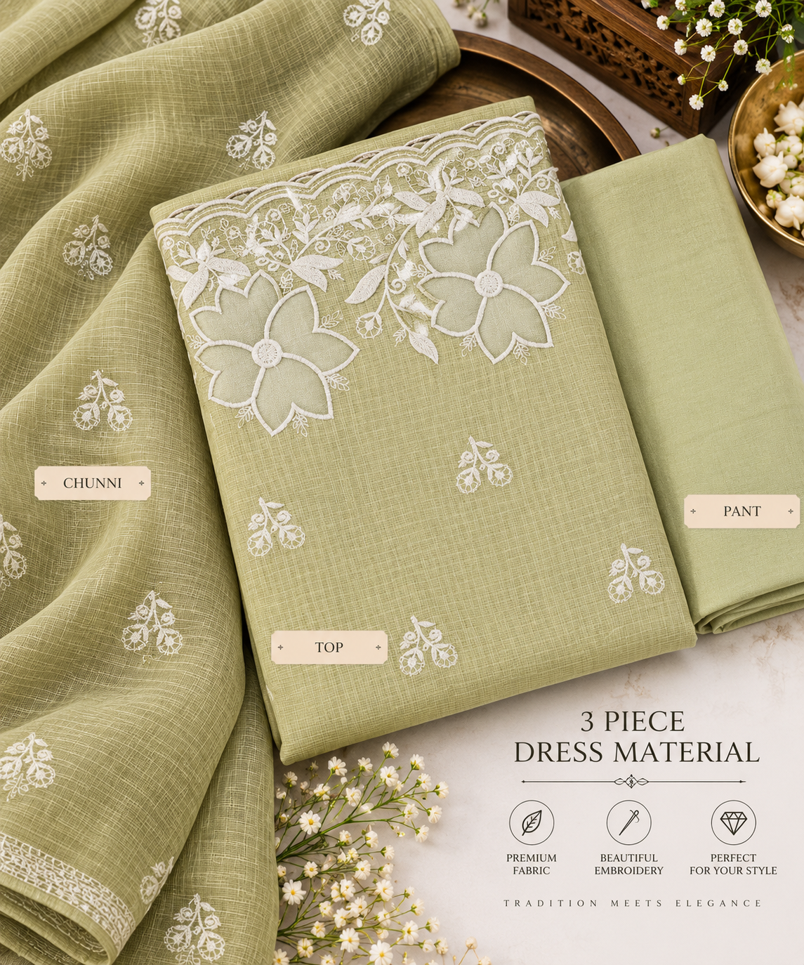 Sage Green White Embroidered 3-Piece Dress Material