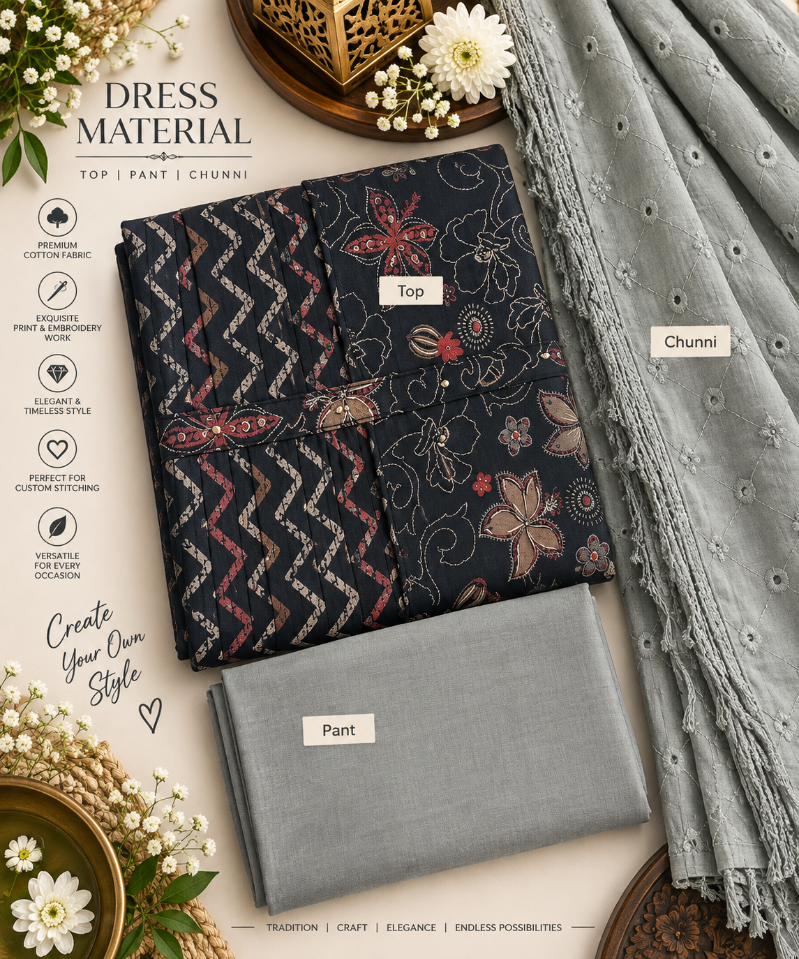 Black Grey Printed & Embroidered 3-Piece Dress Material