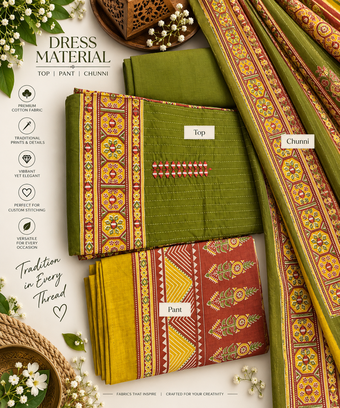 Olive Heritage Printed 3-Piece Dress Material