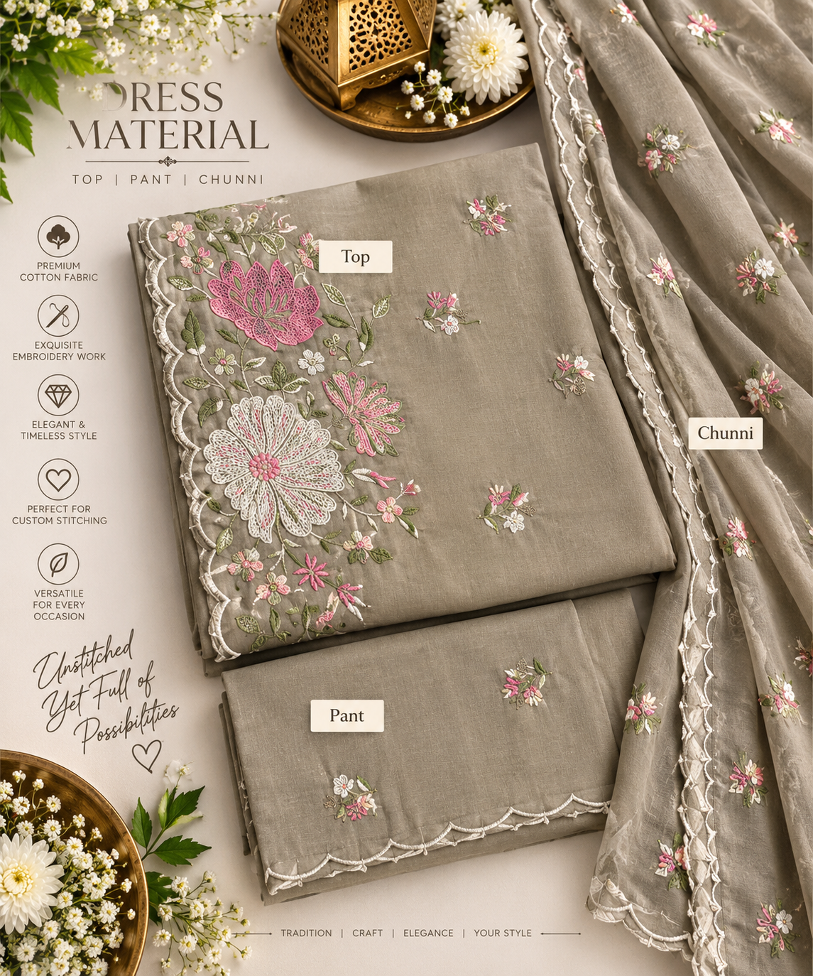 Taupe Blossom Embroidered 3-Piece Dress Material