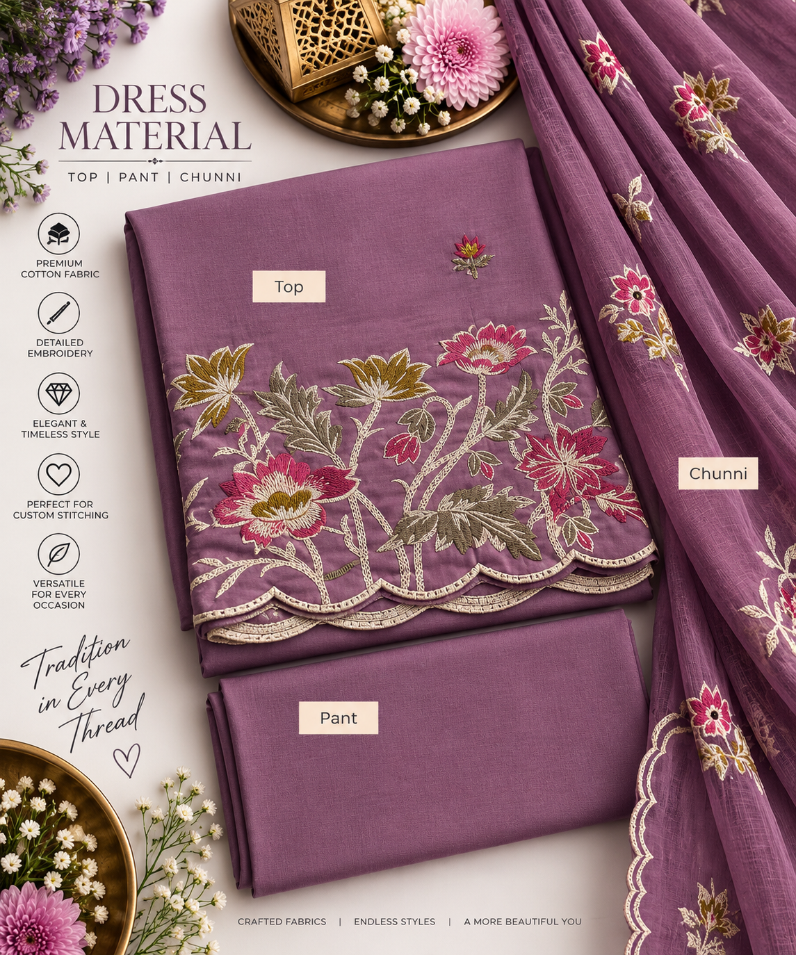 Mauve Bloom Embroidered 3-Piece Dress Material
