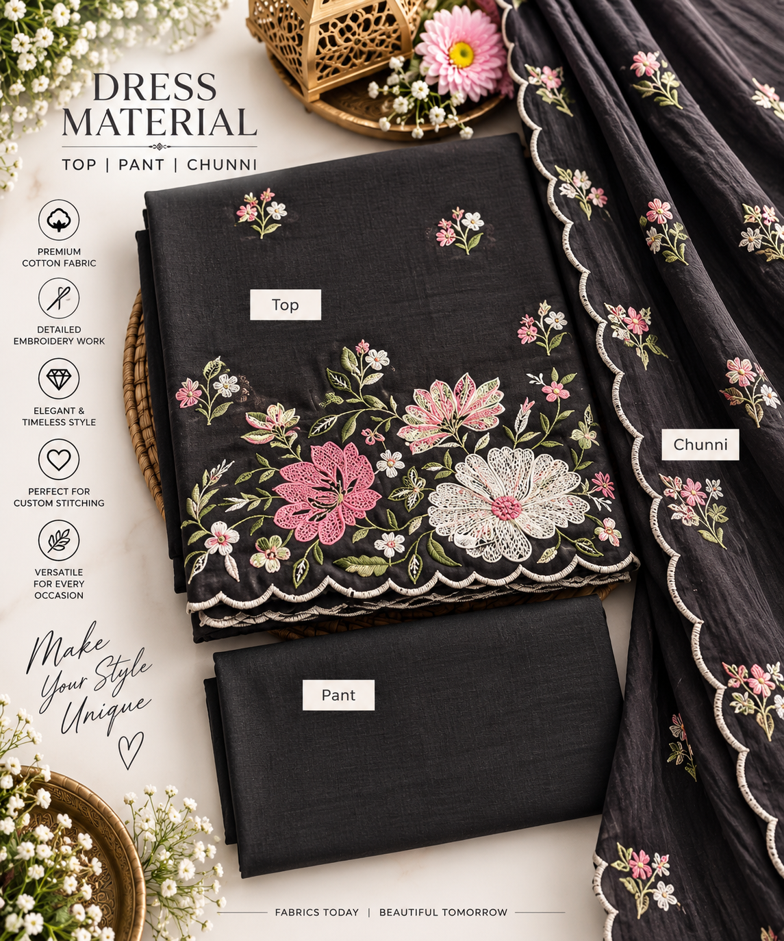 Black Blossom Embroidered 3-Piece Dress Material