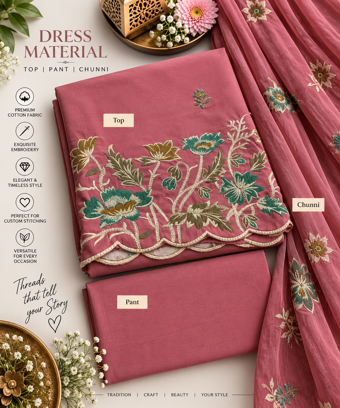Rose Bloom Embroidered 3-Piece Dress Material