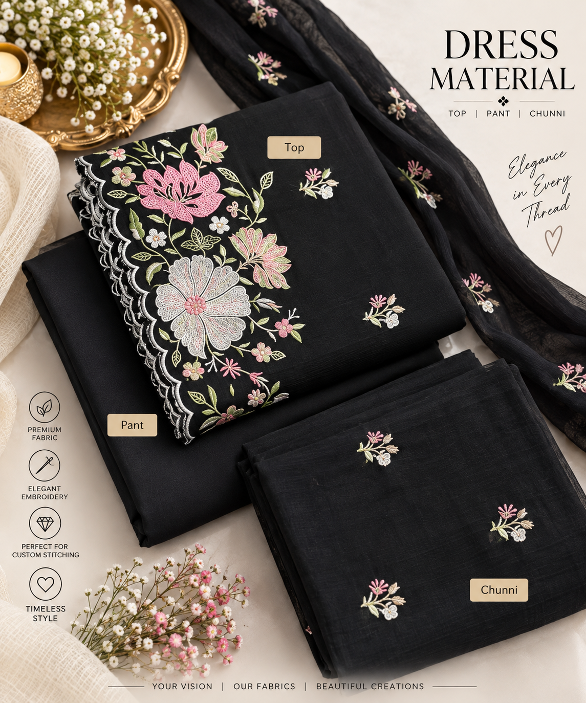 Black Floral Scallop Embroidered Dress Material
