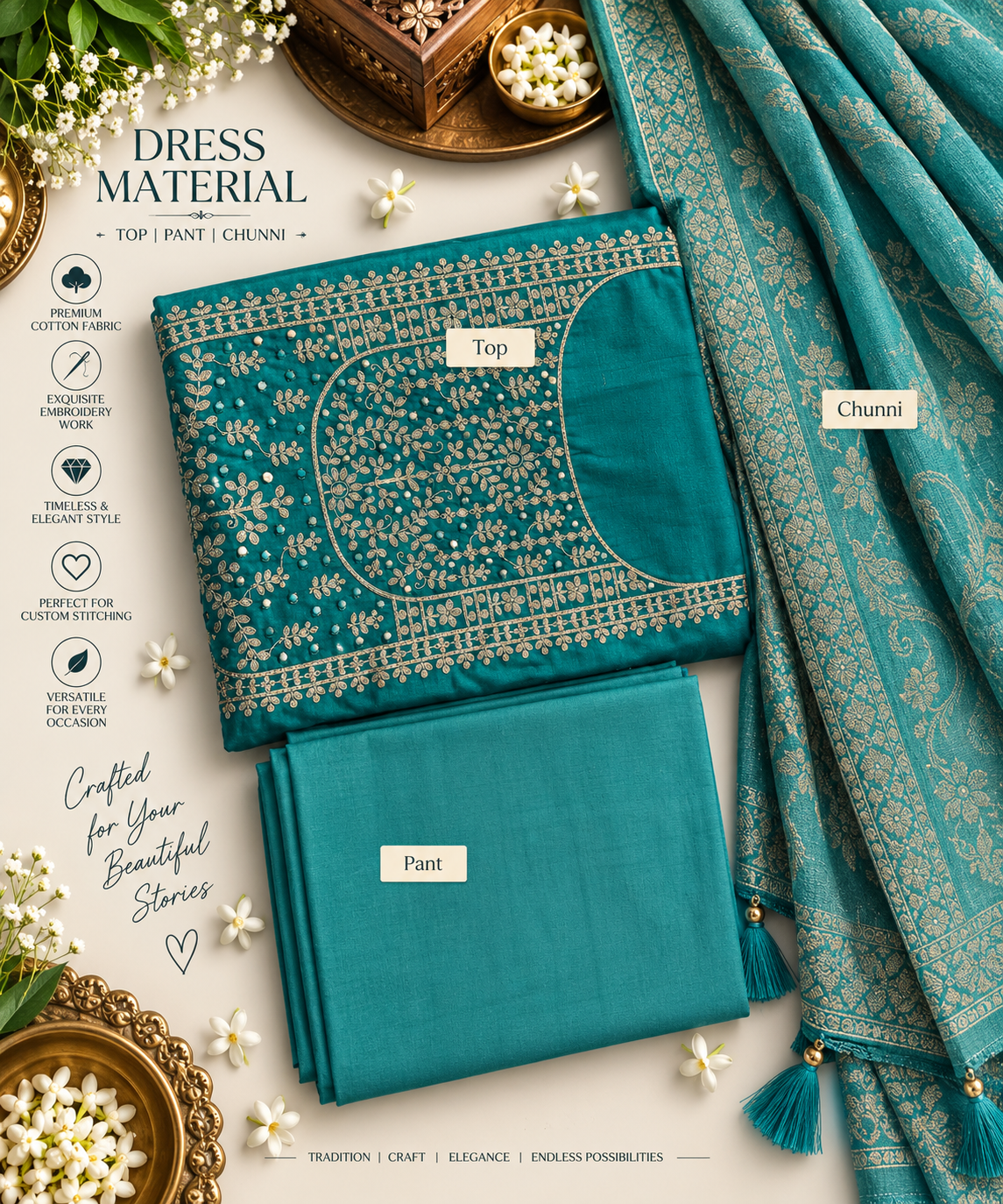 Teal Blue Embroidered Cotton Dress Material