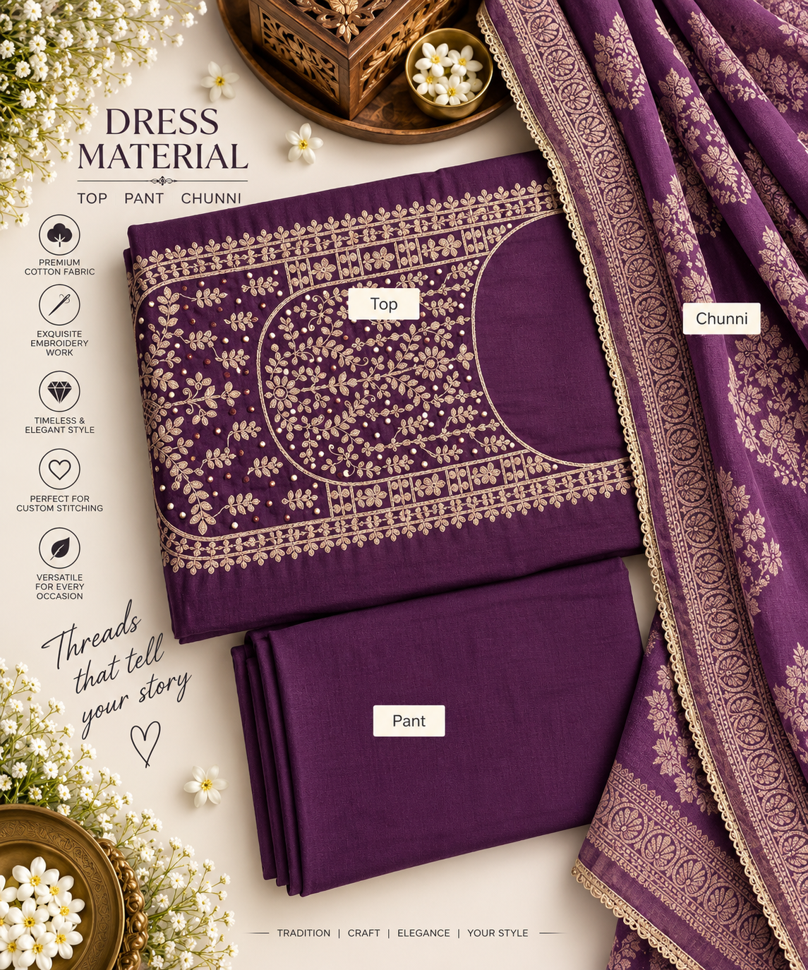 Royal Plum Embroidered Cotton Dress Material