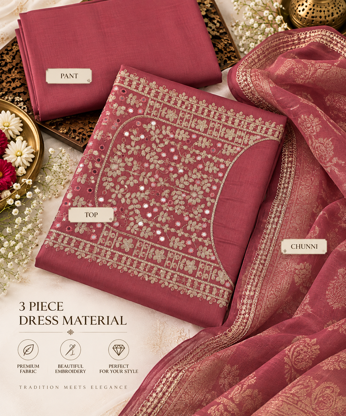 Dusty Rose Embroidered Cotton Dress Material