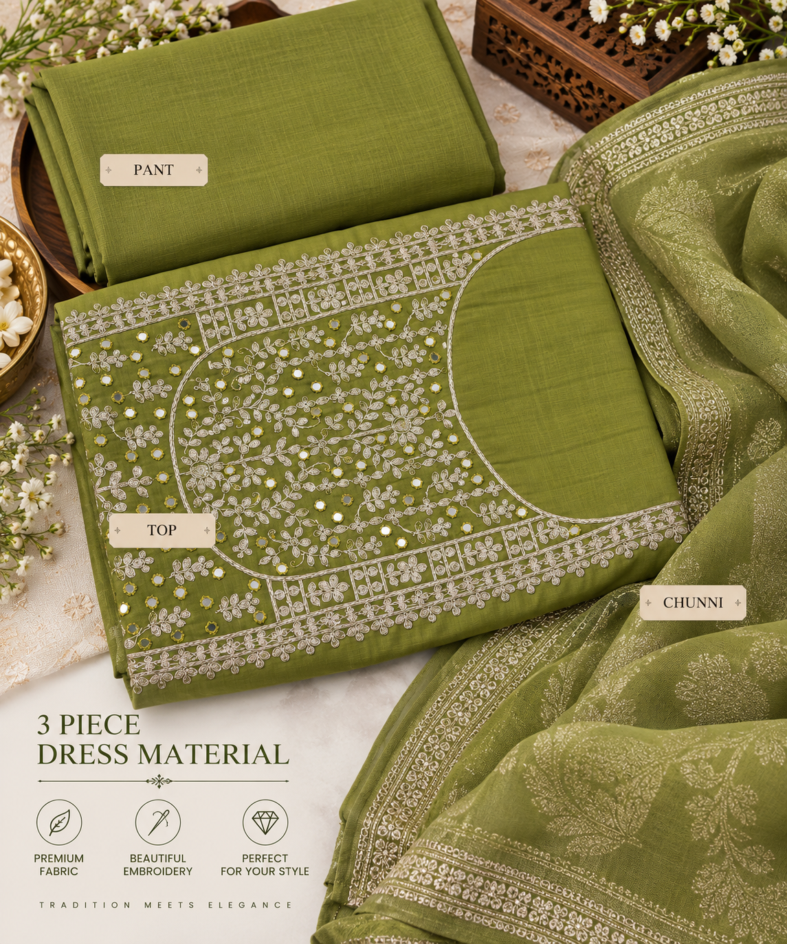 Mehendi Green Embroidered Cotton Dress Material