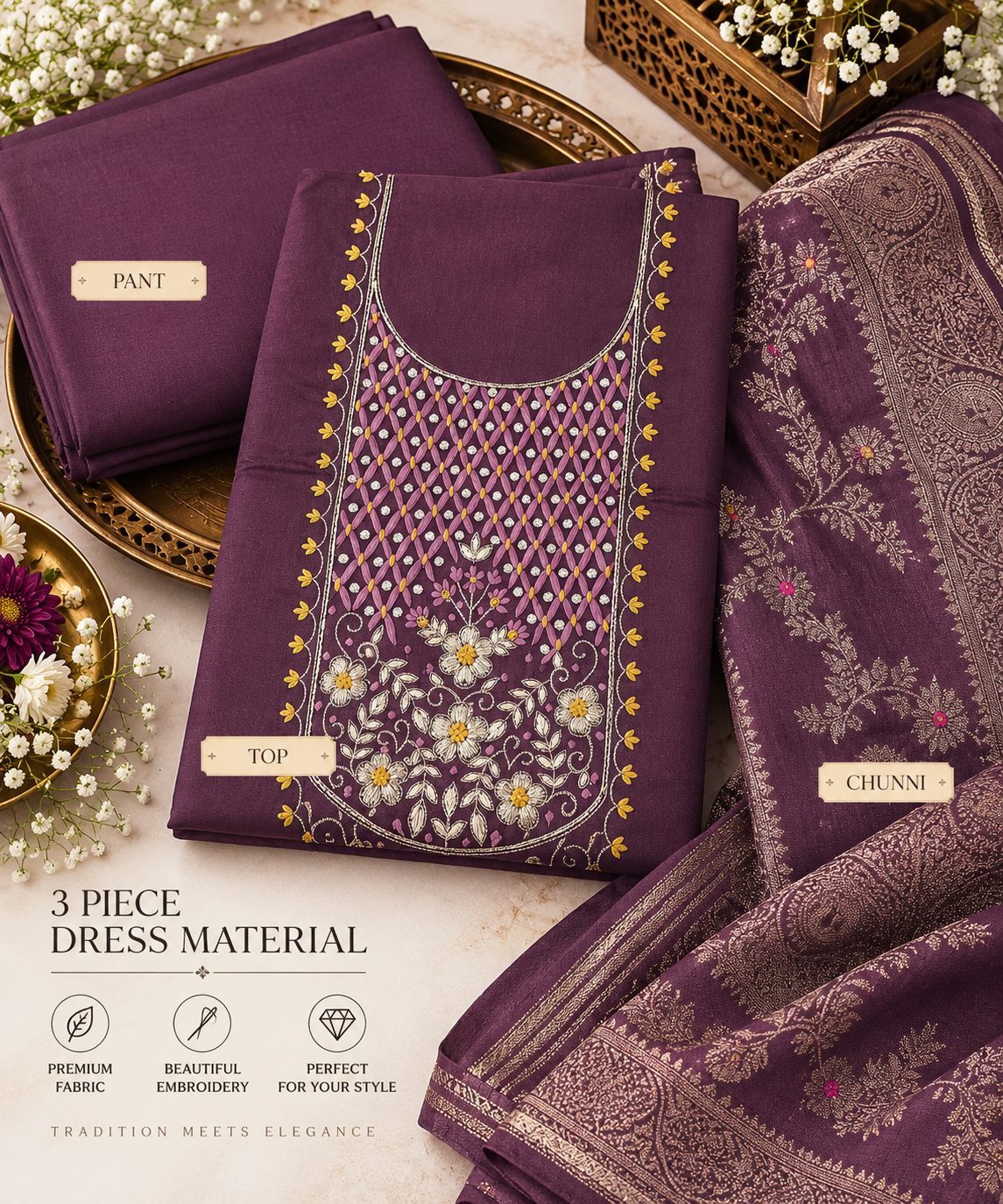 Royal Plum Floral Embroidered 3 Piece Dress Material