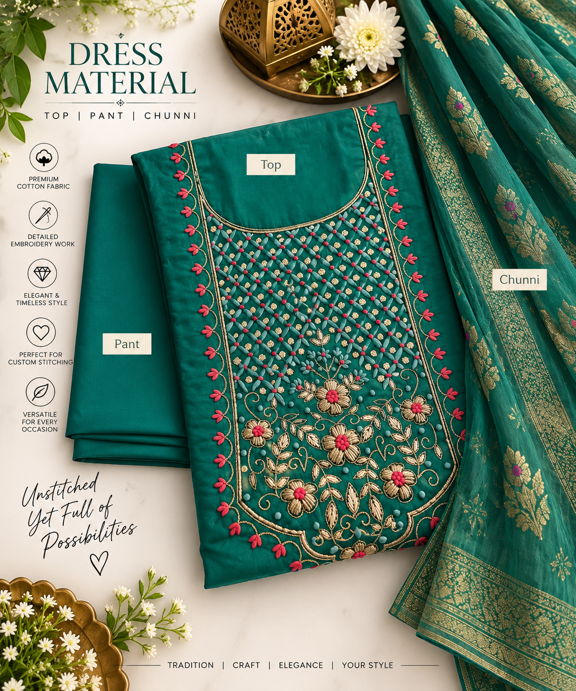Emerald Teal Multicolour Embroidered Cotton Dress Material