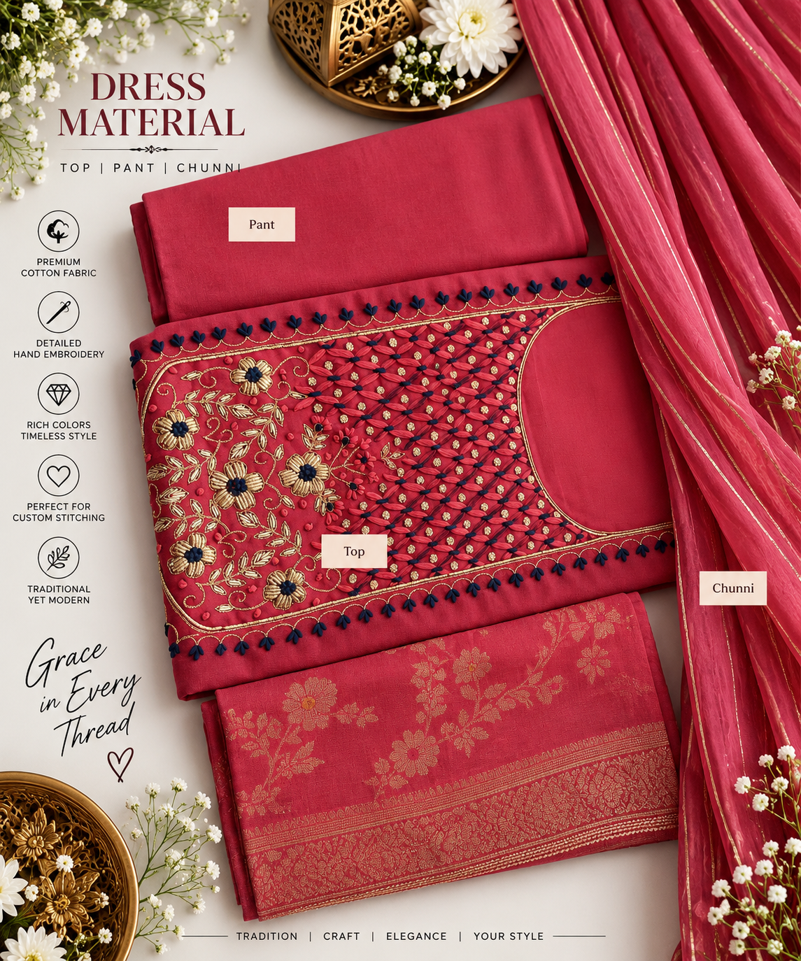 Ruby Red Hand-Embroidered Cotton Dress Material