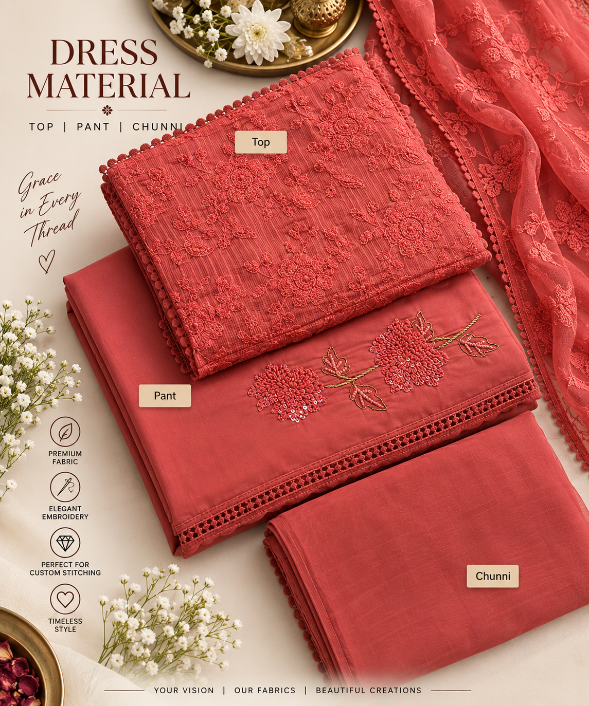 Coral Rose Tonal Embroidered Dress Material