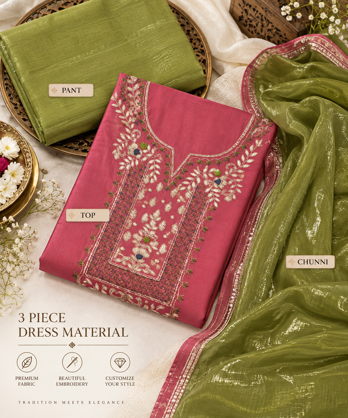 Rose Pink & Olive Embroidered 3 Piece Dress Material