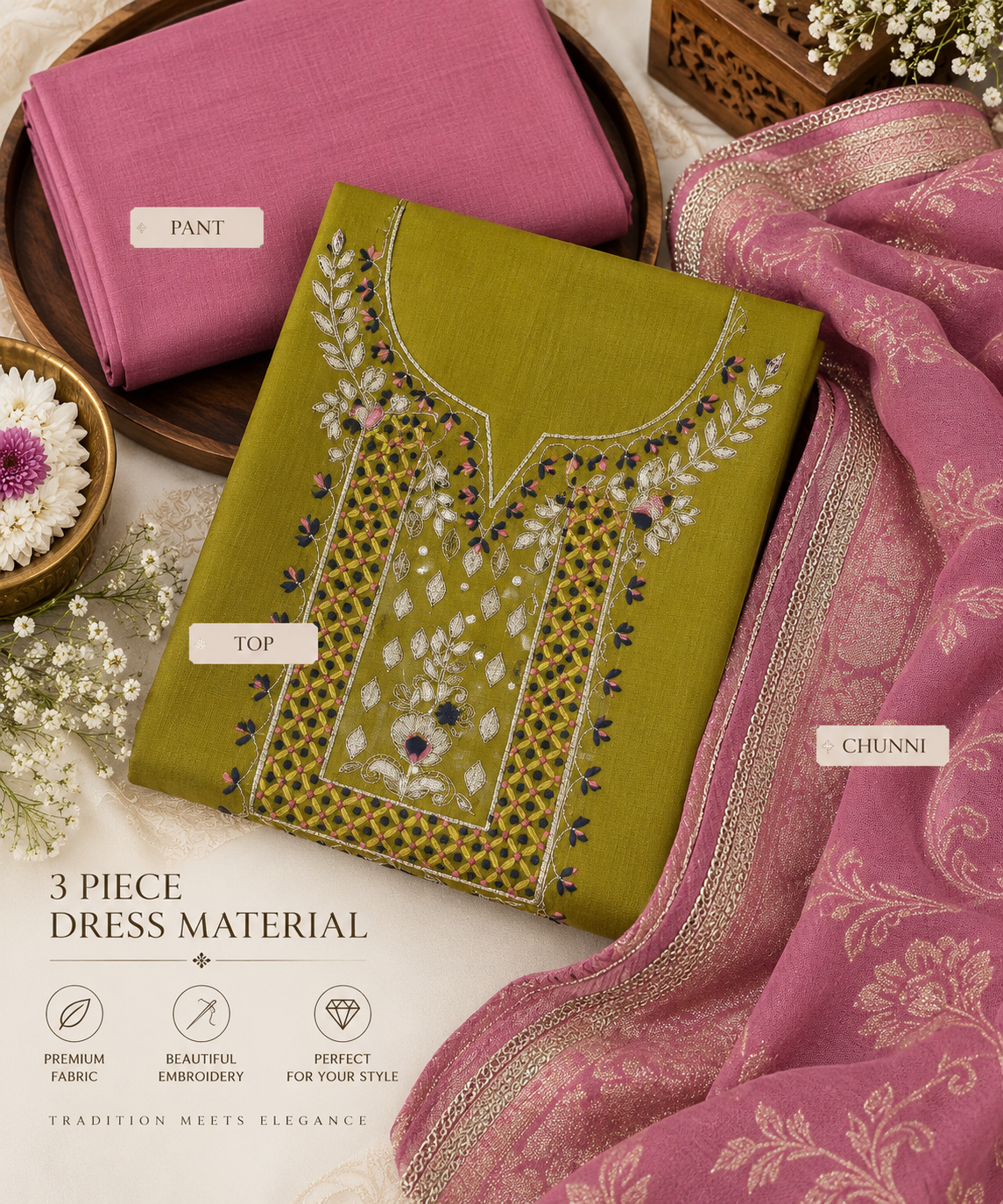 Olive Bloom Pink Contrast Embroidered 3 Piece Dress Material