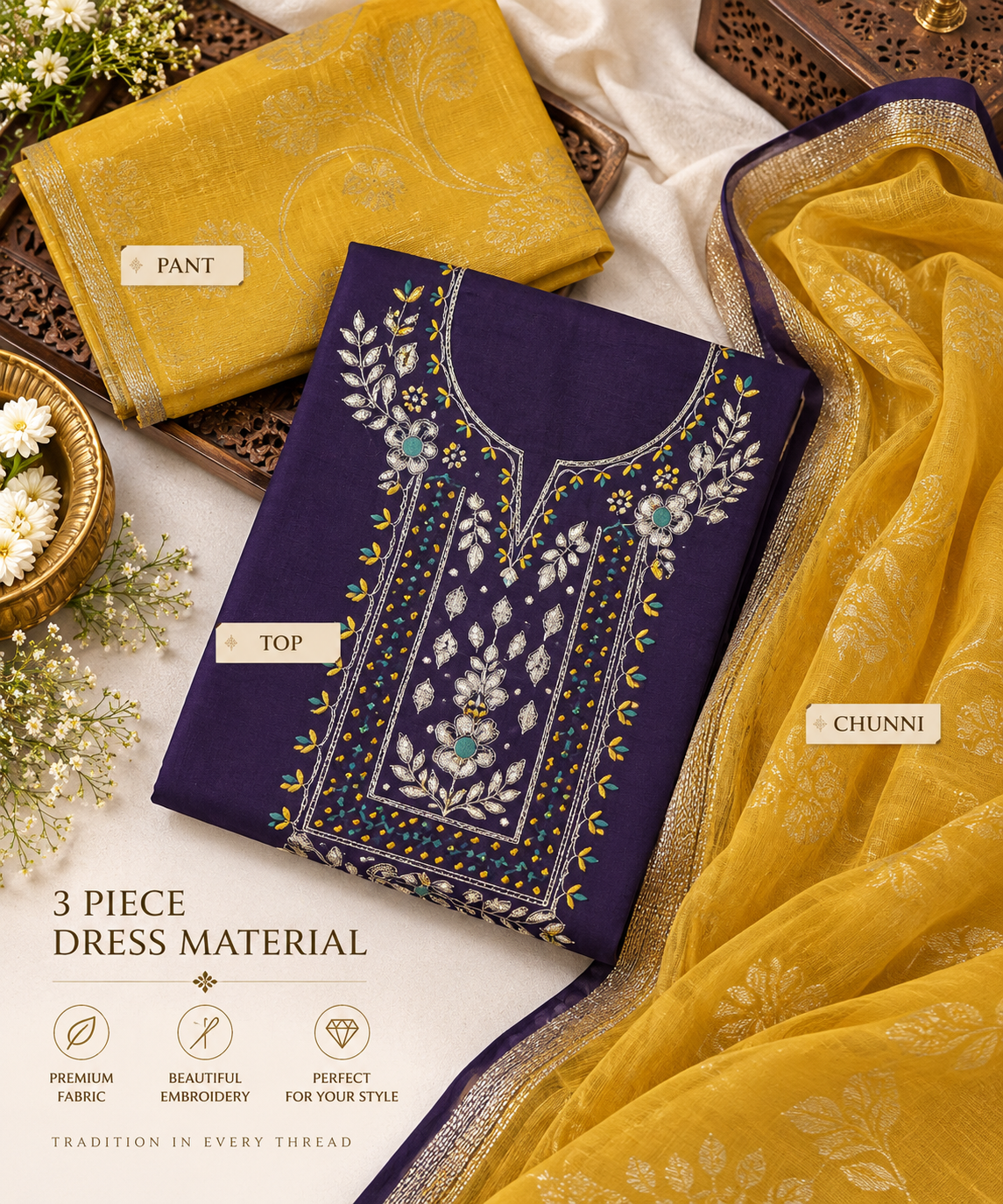 Royal Purple Mustard Embroidered 3 Piece Dress Material