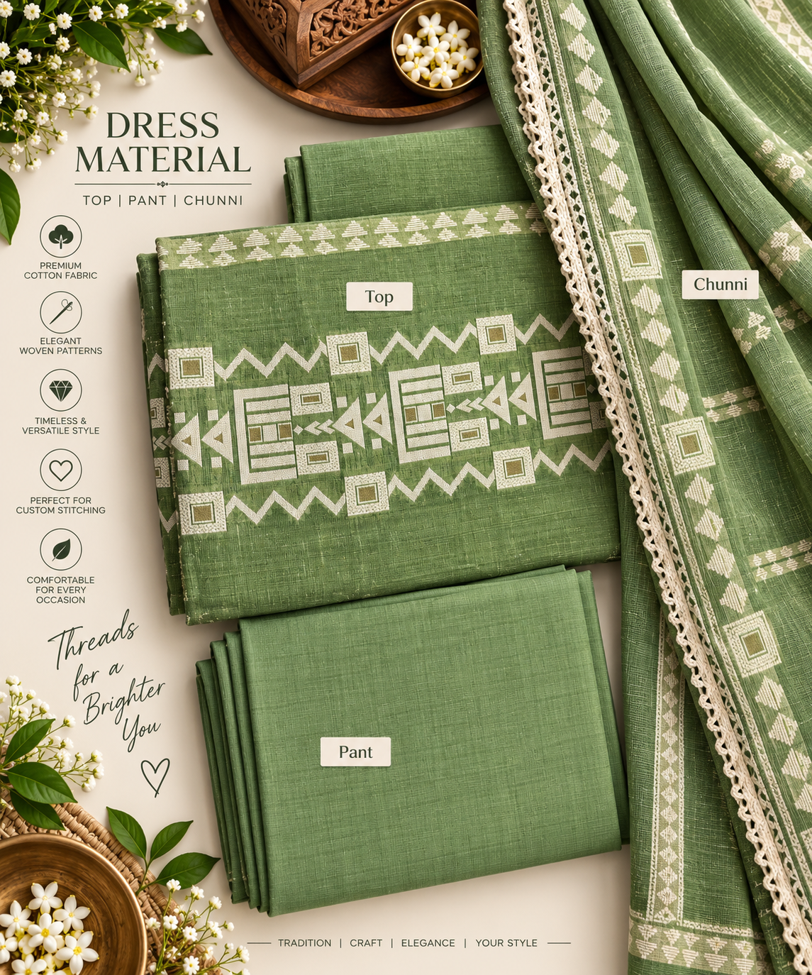 Green Geometric Cotton 3 Piece Dress Material