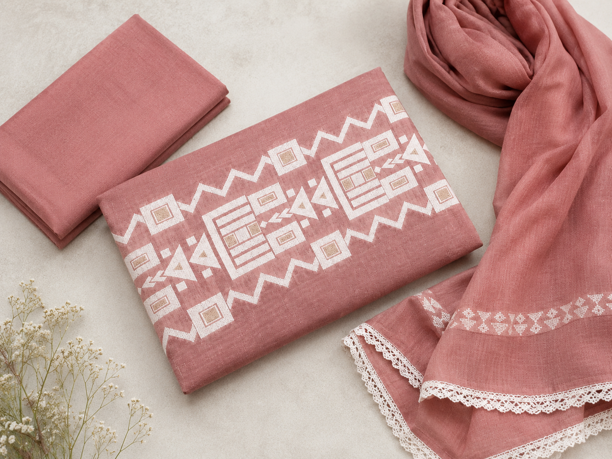 Coral Rose Geometric Cotton 3 Piece Dress Material