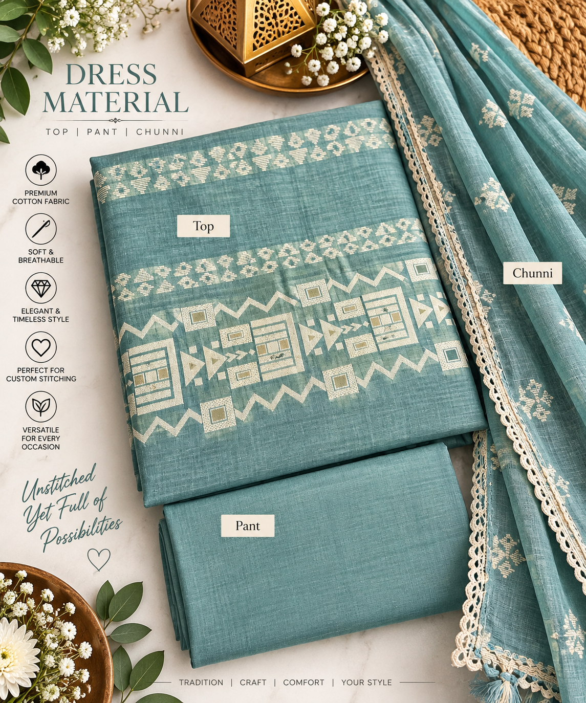 Aqua Teal Geometric Cotton 3 Piece Dress Material