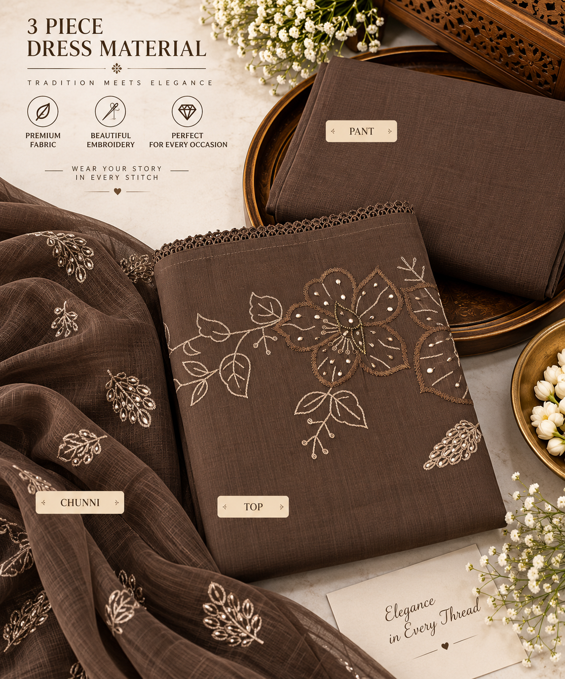 Mocha Brown Floral Embroidered 3 Piece Dress Material